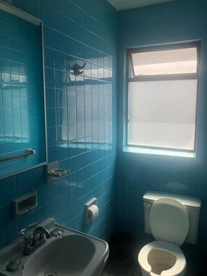 Une salle de bain avec des carreaux bleus, un lavabo blanc, des toilettes et une fenêtre.