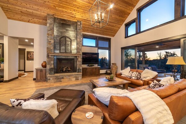 TV, fireplace, DVD player, music library