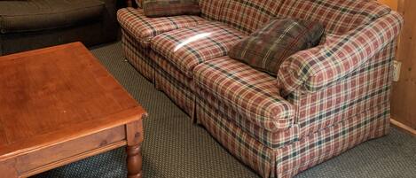 Een gezellige woonkamer met een geruit bank, een donkere fauteuil en een houten salontafel.
