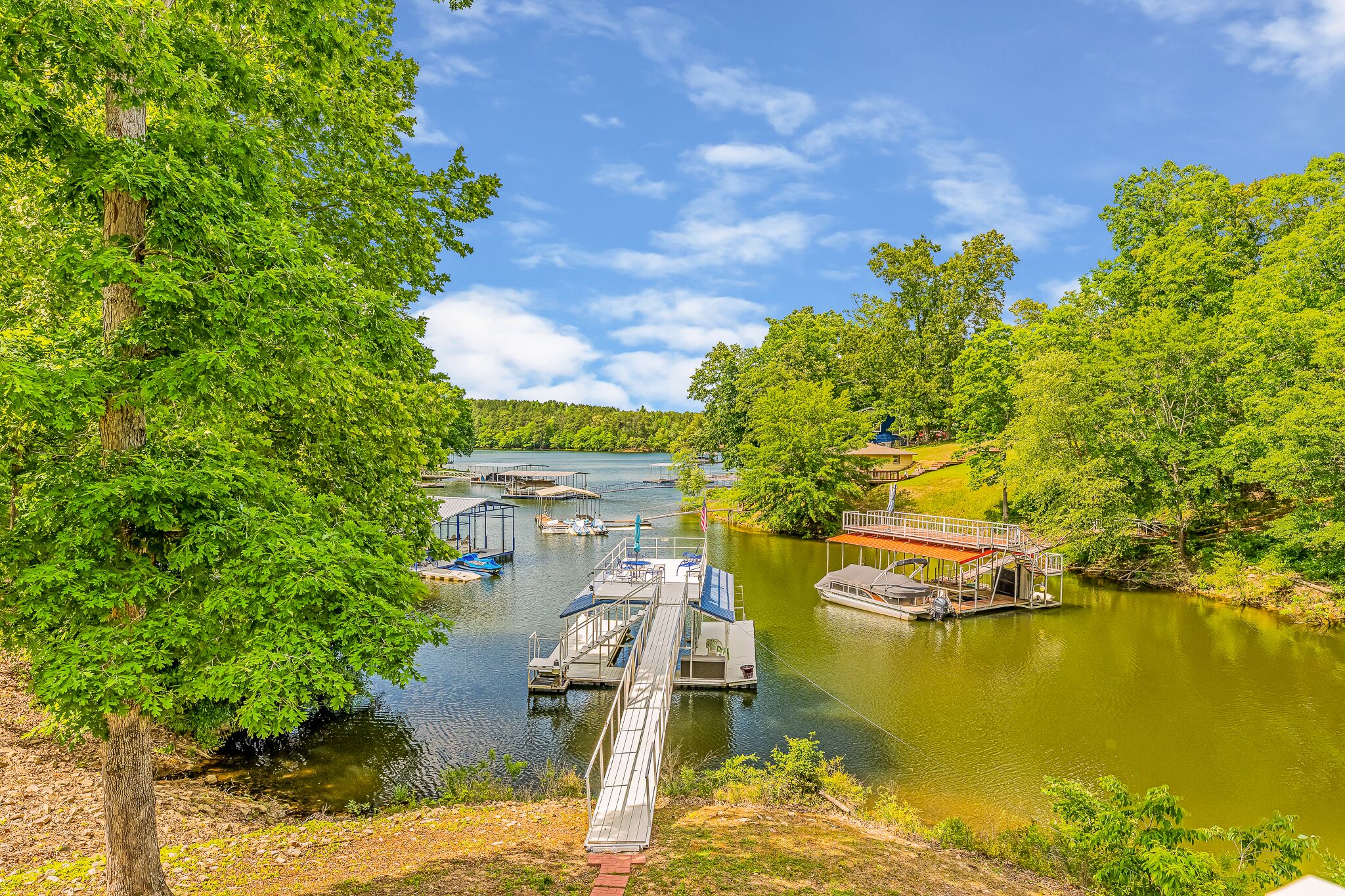A riverside dock with boats, a wooden walkway, and lush greenery.