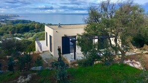 Een modern huis met uitzicht op zee, omgeven door groen en bomen.