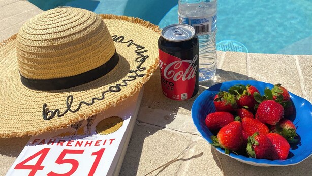Cenário à beira da piscina com chapéu de palha, um livro intitulado 'Fahrenheit 451', uma lata de Coca-Cola, uma garrafa de água e uma tigela de morangos.