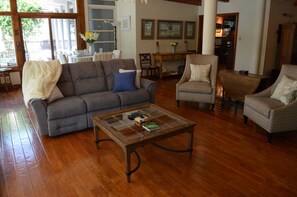 Smart TV, lareira, DVD player, livros