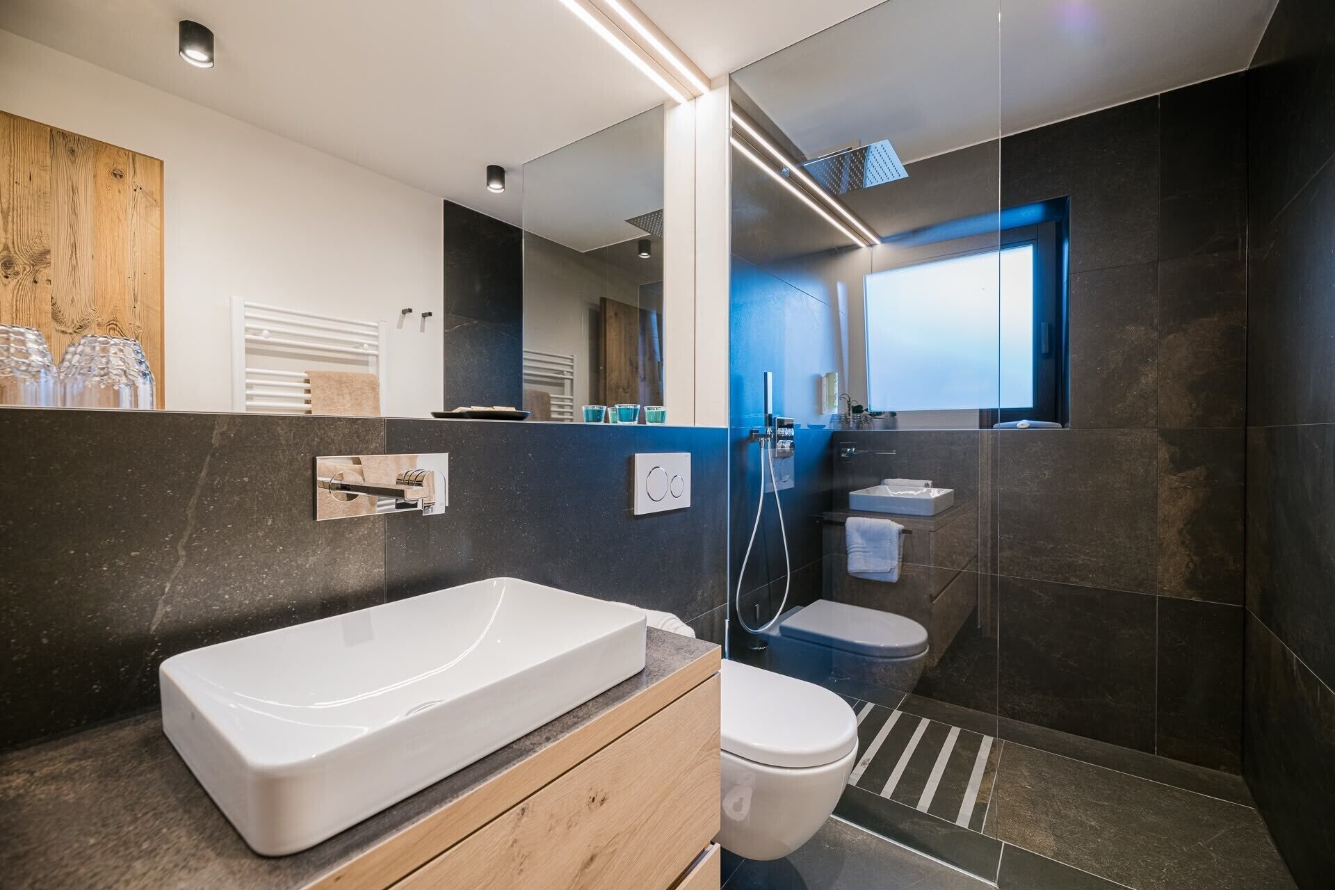 Shower, hair dryer, bathrobes, towels