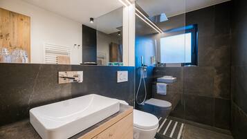 Shower, hair dryer, bathrobes, towels