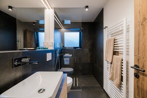 Douche, sèche-cheveux, peignoirs, serviettes fournies