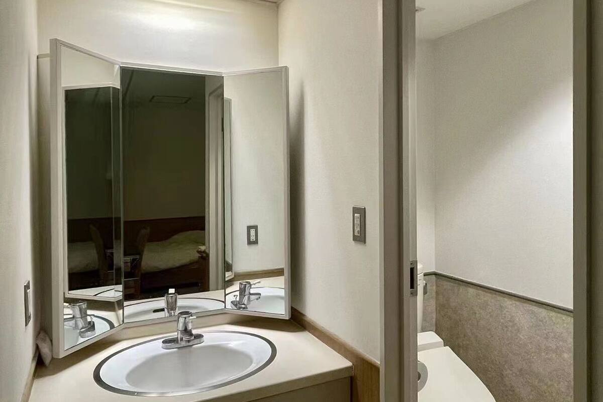 A modern bathroom with a double sink vanity, a large mirror, and a toilet.