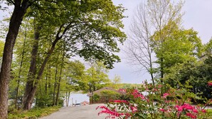 A paved pathway flanked by trees and flowering plants, leading towards a building with a sloped roof.