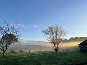 Une scène paisible au bord d’un lac, avec un banc, des arbres et un bâtiment en pierre.