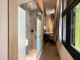 Shower, hair dryer, slippers, soap