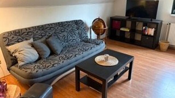 A living room with a sofa, a coffee table, a television, and a globe.