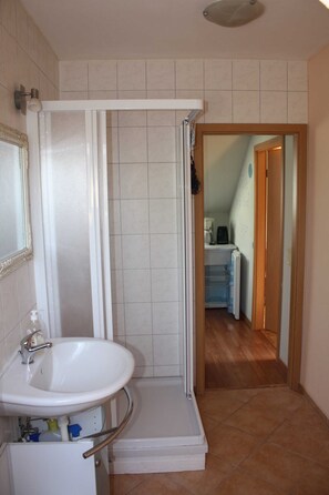 Une salle de bain avec un lavabo, une douche et un miroir.