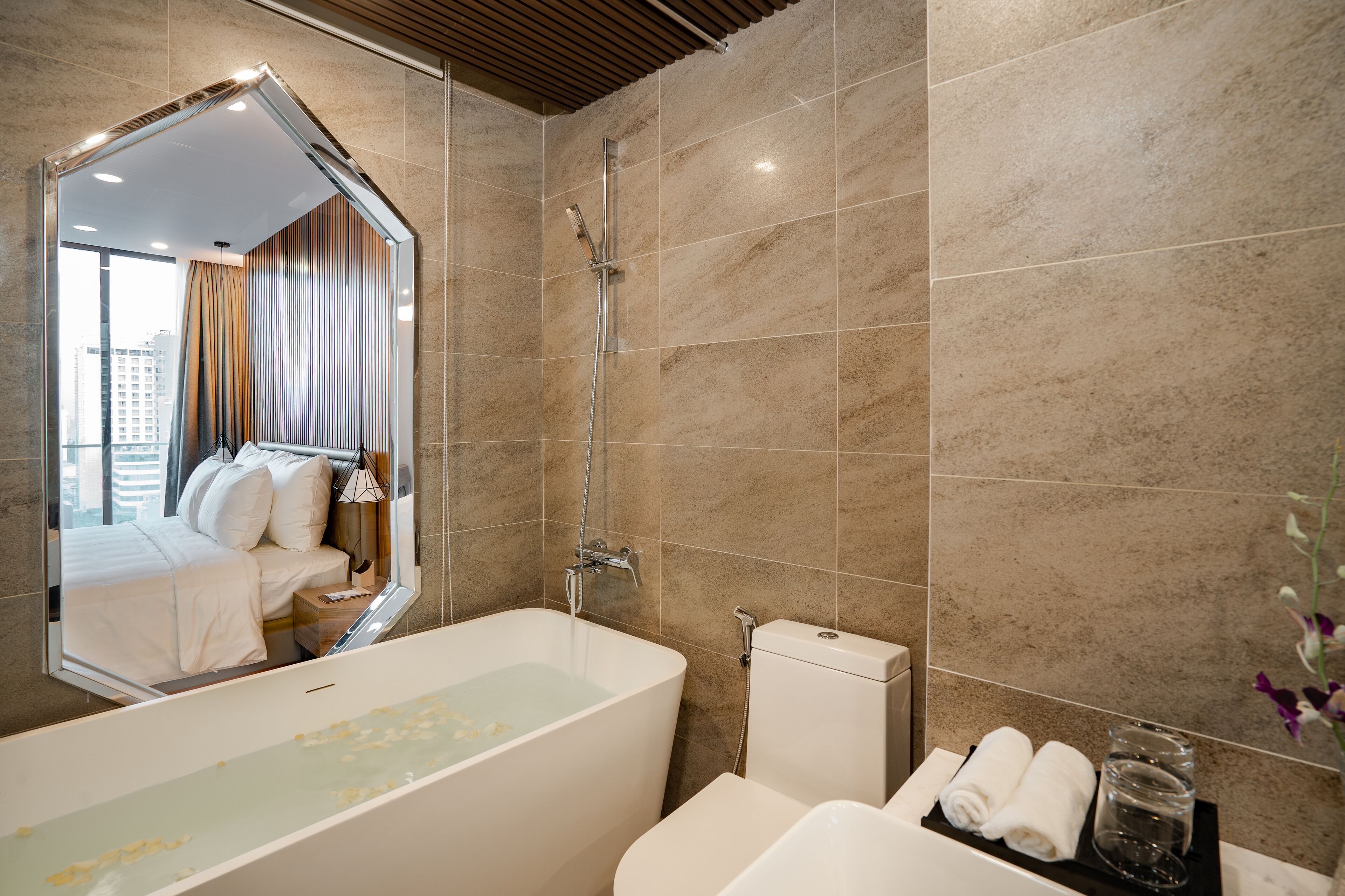 free toiletries, hair dryer, bathrobes, slippers