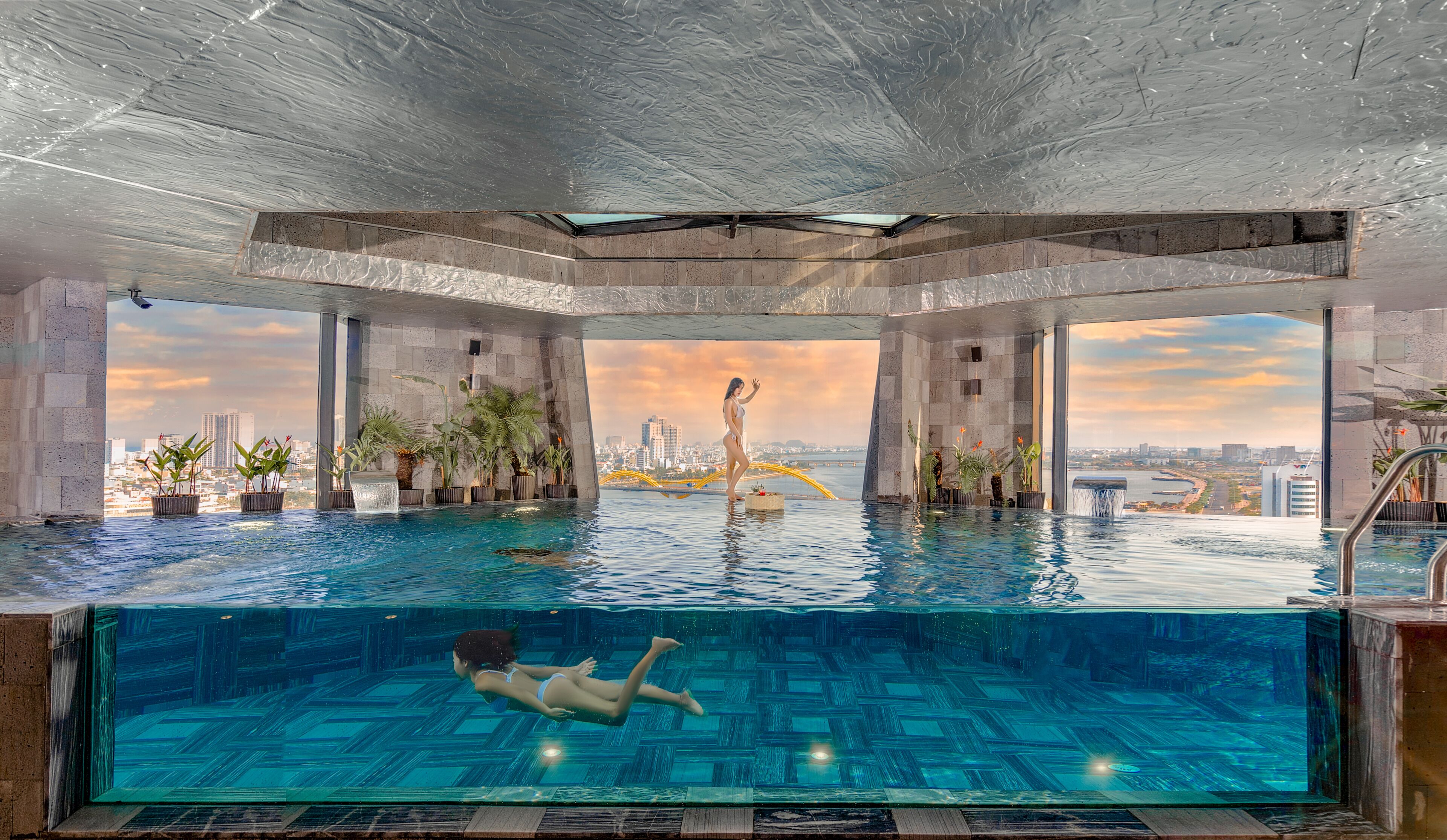 An infinity pool with a city view, surrounded by potted plants and modern architecture.