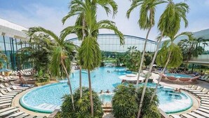 Ein großes Hallenbad, umgeben von Palmen und Liegestühlen.