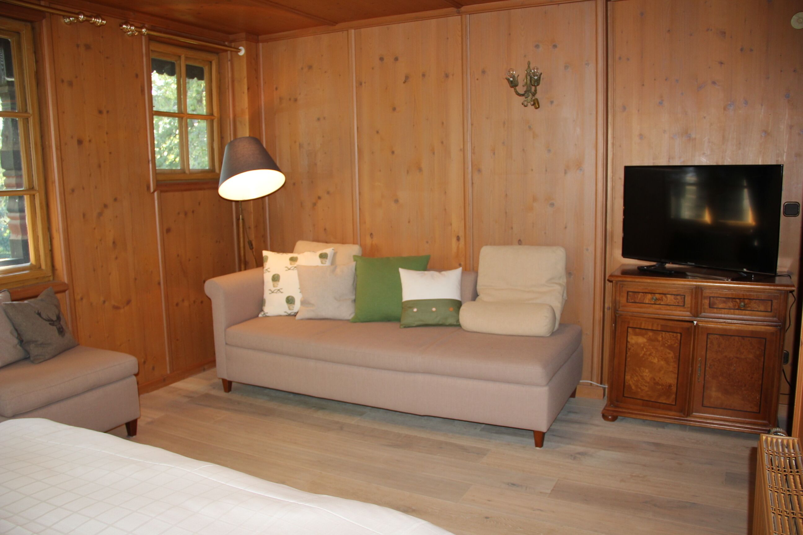 A wooden-paneled room with a sofa, a television on a wooden cabinet, and a lamp.