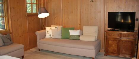 A wooden-paneled room with a sofa, a television on a wooden cabinet, and a lamp.