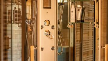 Shower, towels, toilet paper