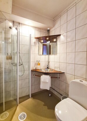 A bathroom with a glass shower enclosure, a sink with a mirror above it, and a toilet. - Vauldalen Fjellhotell (Roros)