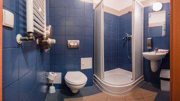 Habitación doble | Baño | Ducha, toallas y papel higiénico