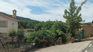 A paved road with a stone wall and a building with a stone chimney. - RURAL HOUSE IDEAL FOR CELEBRATIONS, LARGE LIVING ROOM, BARBECUE, 18 PEOPLE (Valdemoro-Sierra)