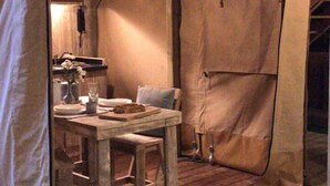 A rustic tent with a wooden table and chairs, a shelf with items, and a hanging light fixture.