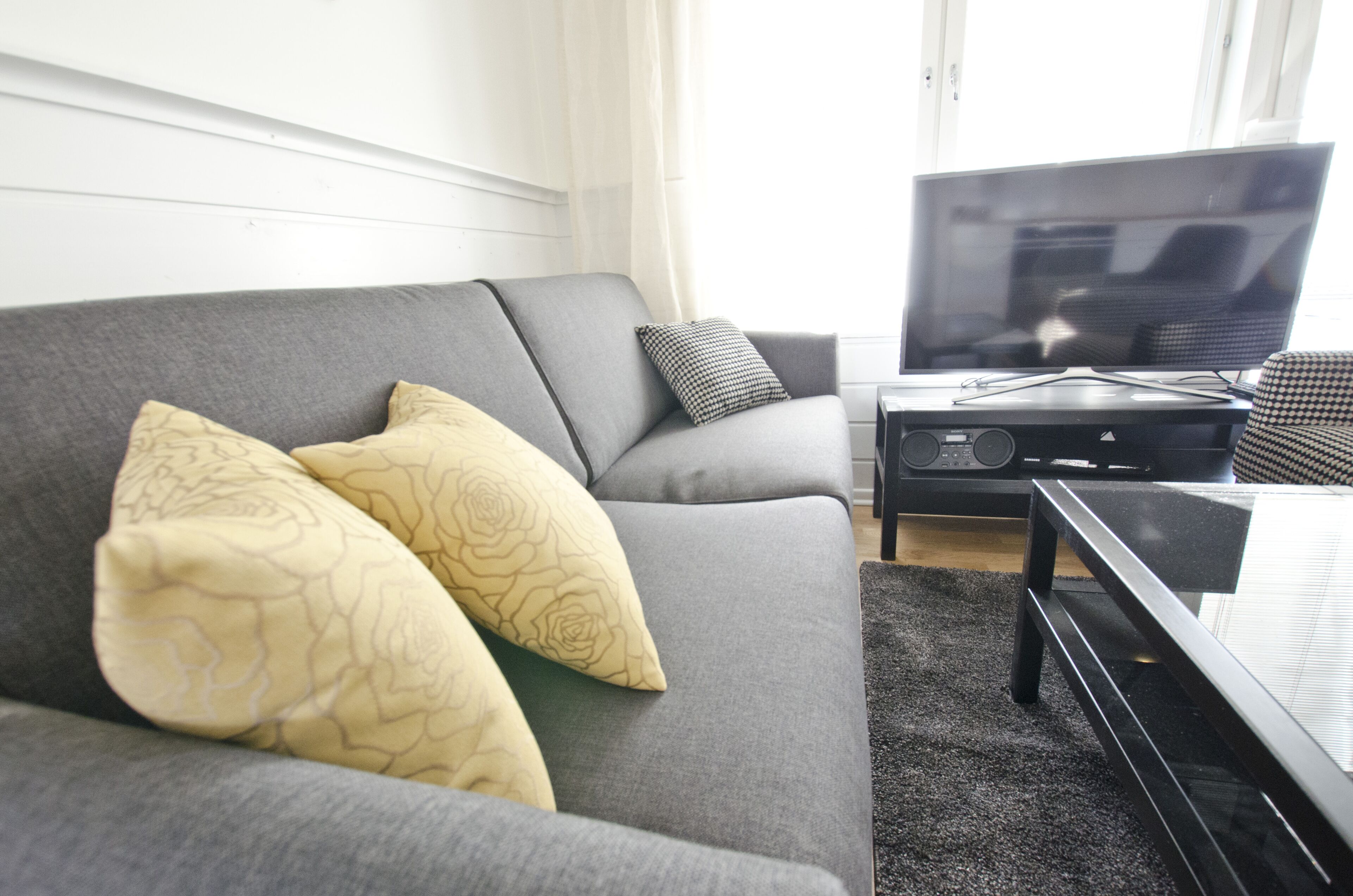 Ett modernt vardagsrum med en grå soffa, två mönstrade kuddar, ett svart soffbord och en platt-TV som står på ett TV-bord.