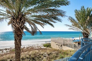 Une vue sur la plage, avec des palmiers, un ciel dégagé et un bâtiment doté d’un balcon donnant sur l’océan.