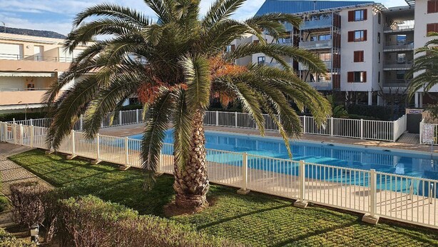 A pool area with a palm tree, a fenced pool, and a building with multiple floors and balconies in the background.