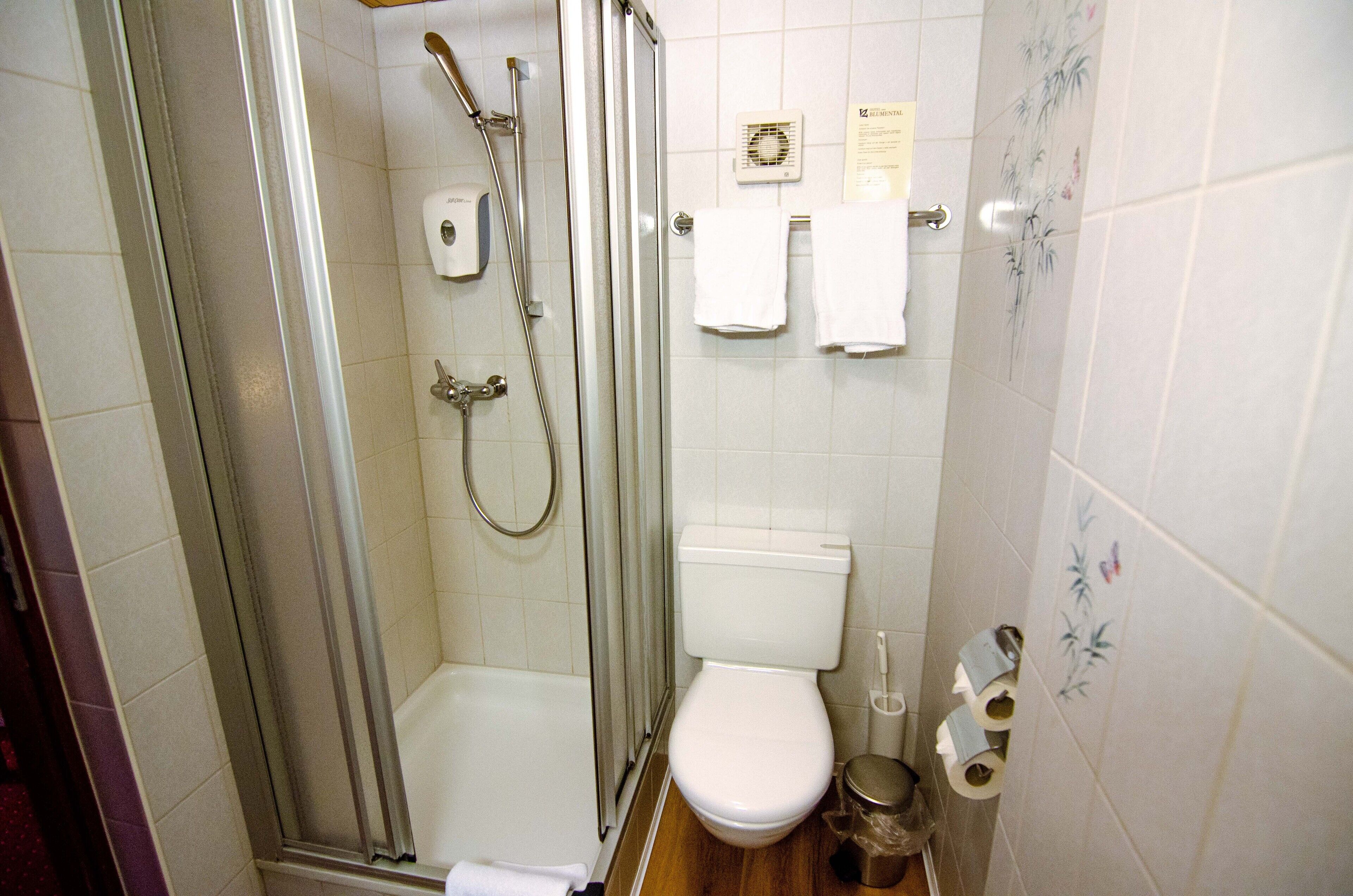 Ein Badezimmer mit Duschkabine, Toilette und Waschbecken.