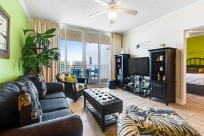 Flat-screen TV, DVD player, video library