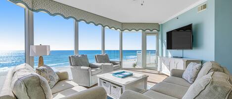 Flat-screen TV, DVD player, video library