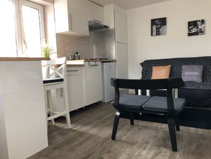 Un ambiente compatto con angolo cottura, zona pranzo e salotto con divano e poltrona.
