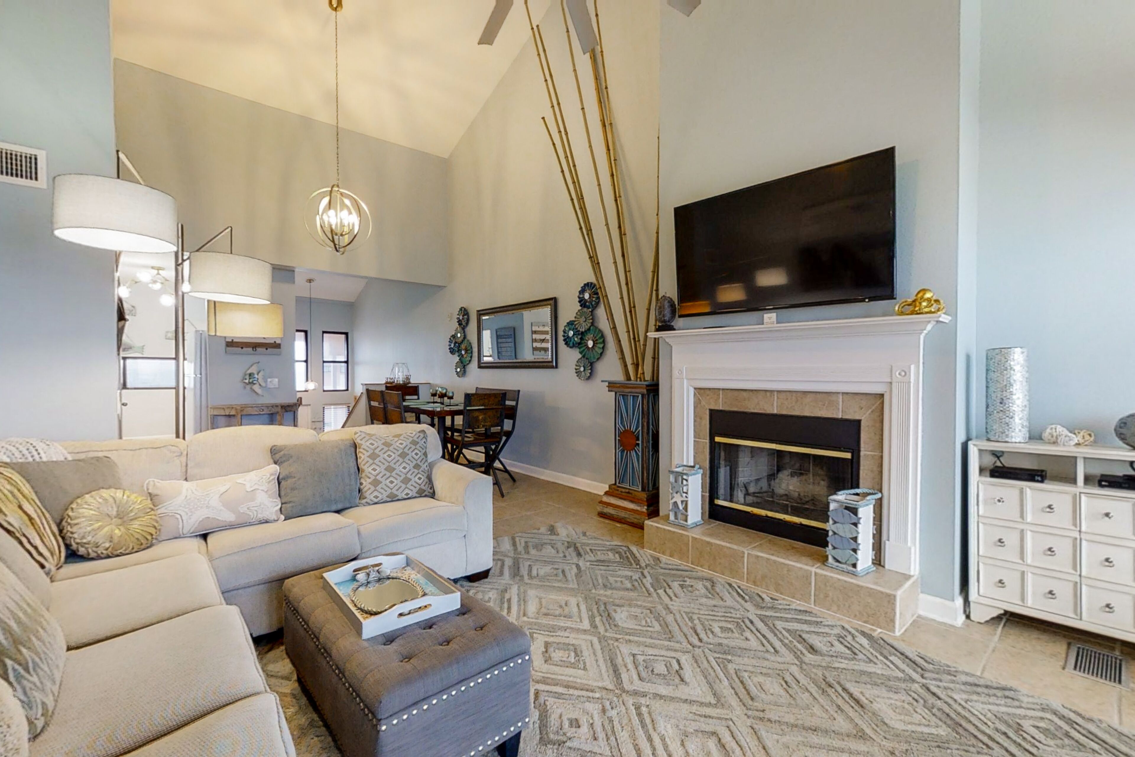 TV, fireplace, video library