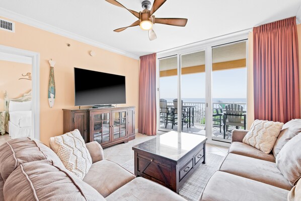 Flat-screen TV, DVD player, video library