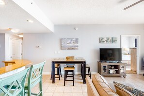 Flat-screen TV, DVD player, books, video library