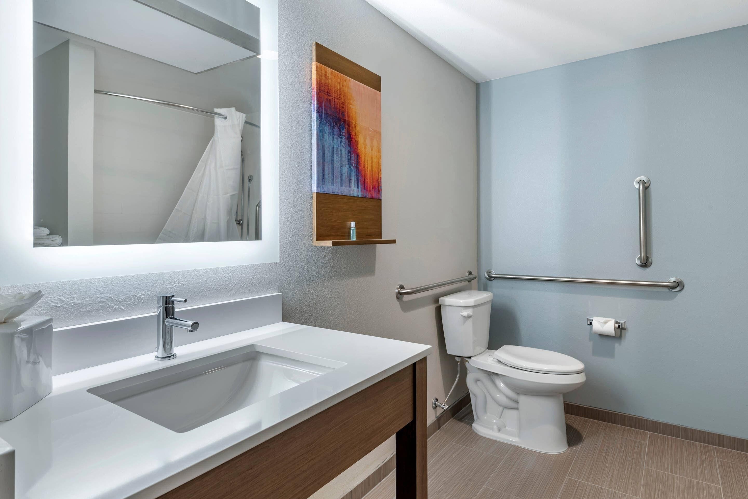 A modern bathroom with a white sink, a mirror, a shower curtain, a toilet, and a handrail.