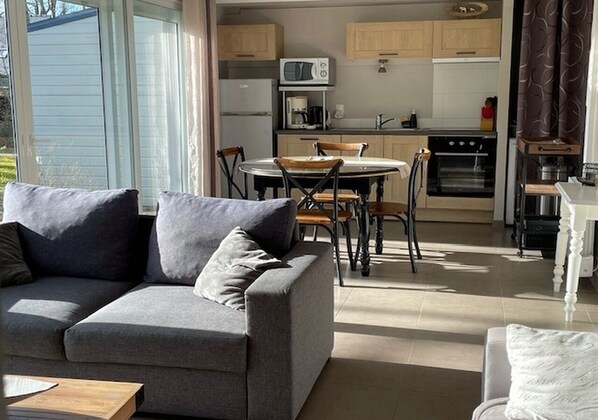 A living room with a grey sofa, a dining table with chairs, and a kitchen area with cabinets and appliances.