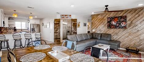 Télévision, cheminée, lecteur de DVD, vidéothèque