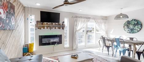 TV, fireplace, DVD player, video library