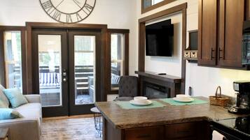 Televisión, chimenea y reproductor de DVD