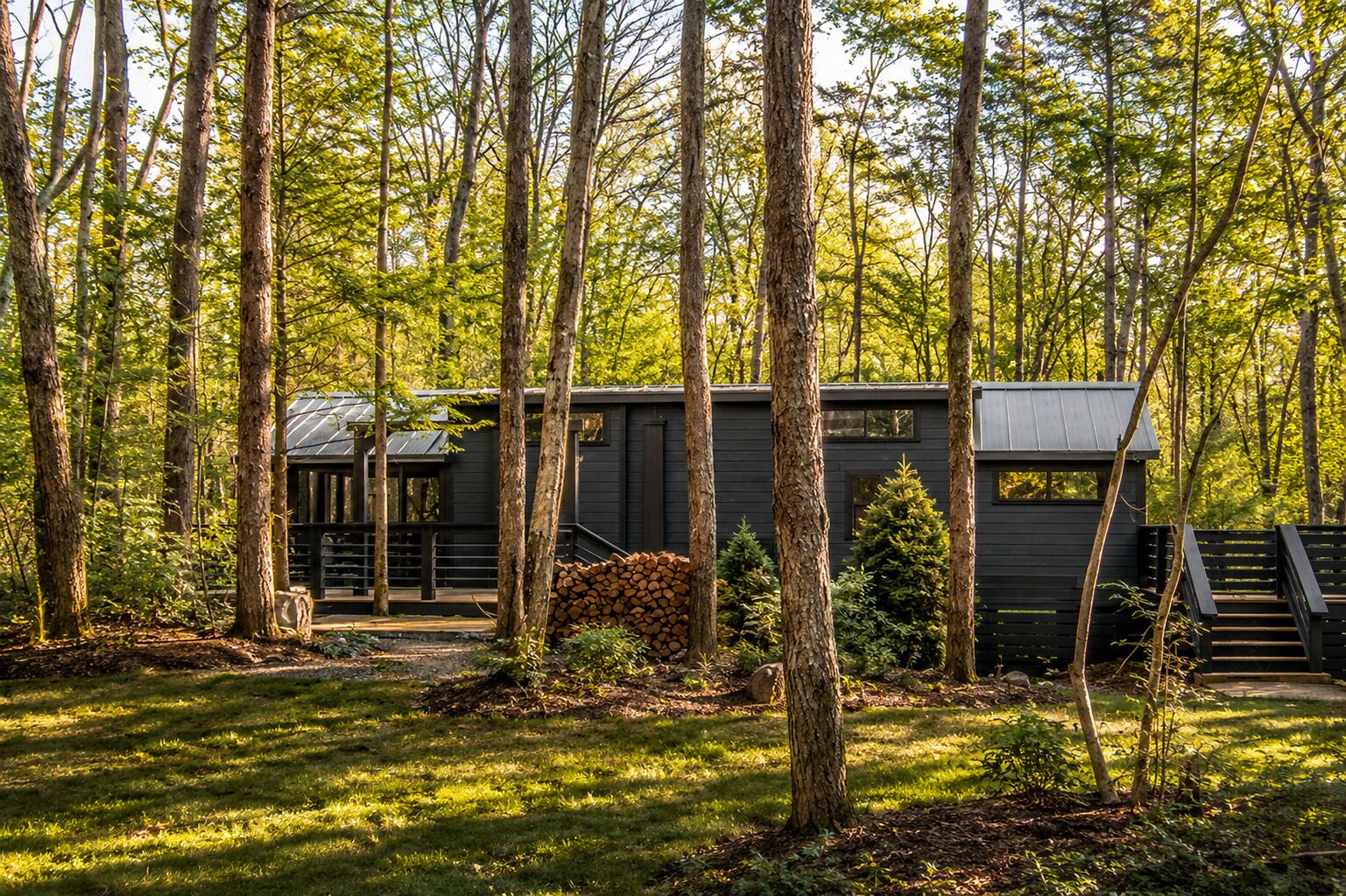 Une cabane entourée de grands arbres, située au cœur d’une forêt.
