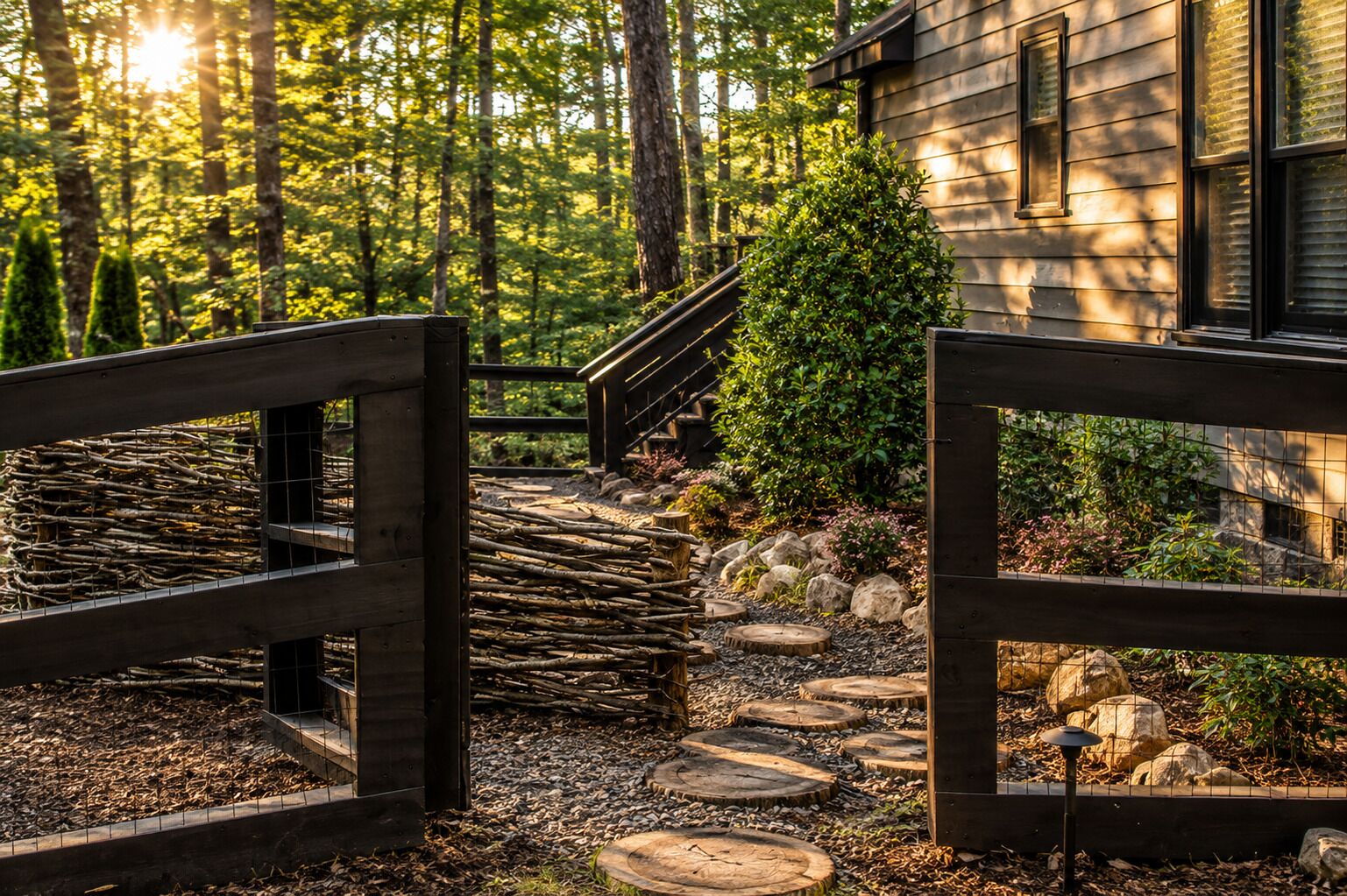 Un sentier en bois qui mène à une maison entourée d’une forêt.