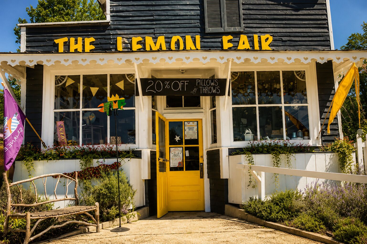 A building with a sign reading 'THE LEMON FAIR' and a yellow door.