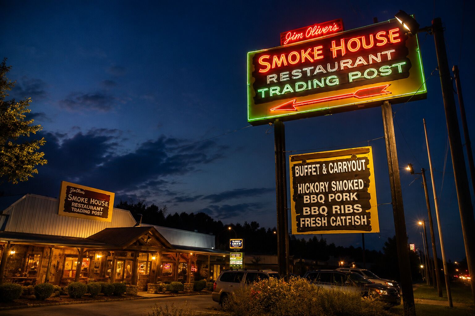 A restaurant with a neon sign indicating it is a smokehouse and trading post.