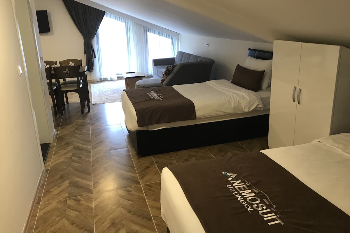 Une chambre d’hôtel comprenant un lit, une armoire, un bureau et une chaise.