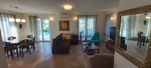 TV, DVD player, video library