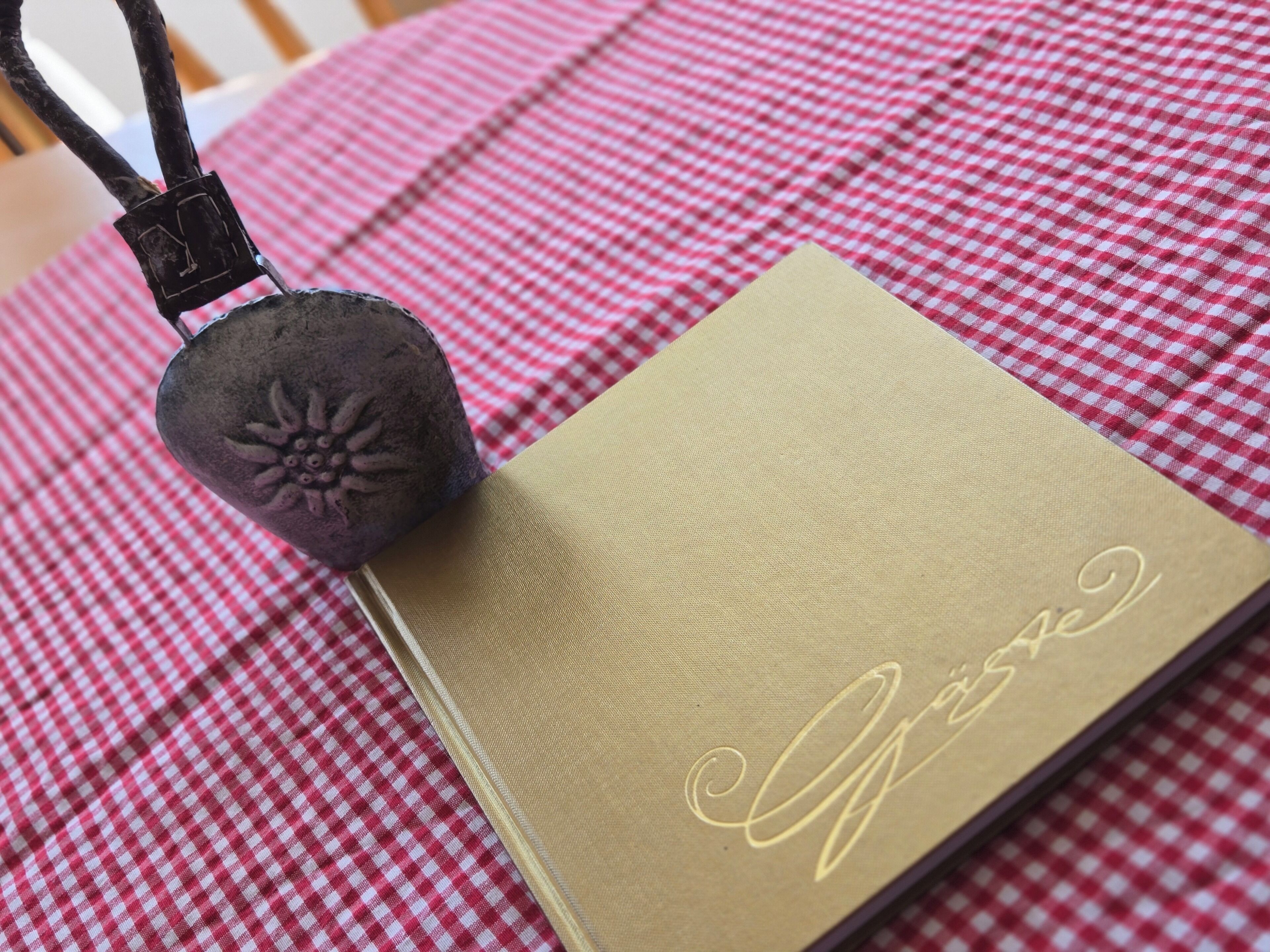 A gold-colored book with embossed text on its cover, placed on a red and white checkered tablecloth.