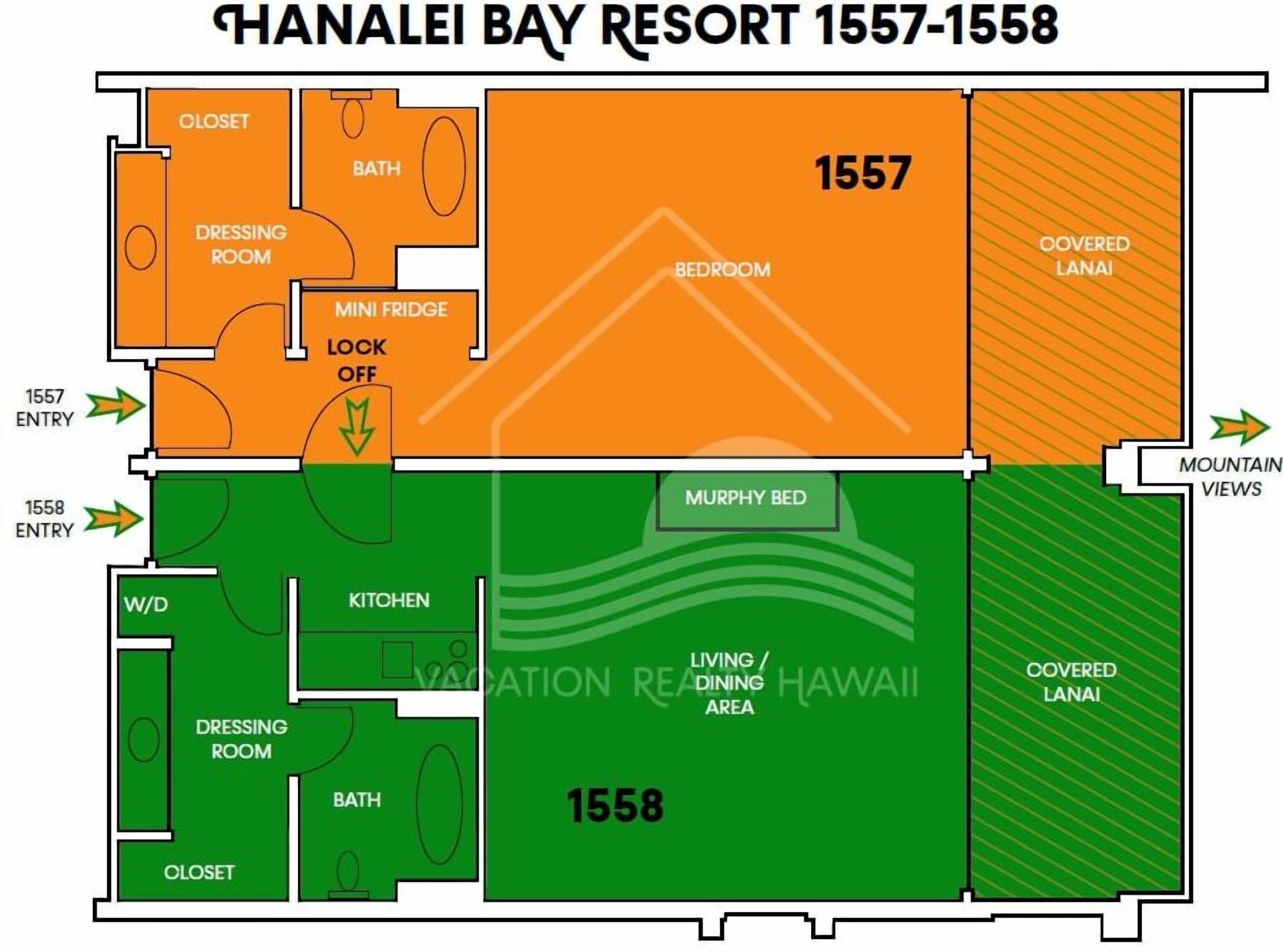 Plano de distribución de Chanalai Bay Resort con las habitaciones 1557 y 1558. La habitación 1557 cuenta con dormitorio, armario, vestidor, mini refrigerador y puerta comunicadora. La habitación 1558 incluye una cama Murphy, cocina, comedor y vistas a la montaña.