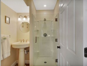 Hair dryer, towels, soap, toilet paper